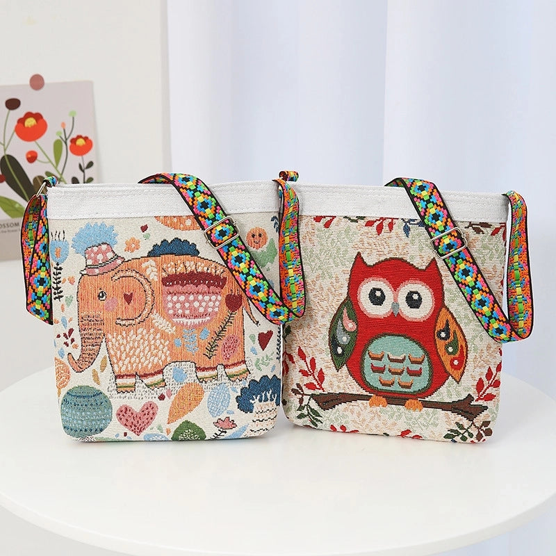 Women's Medium Cotton And Linen Animal Cute Zipper Shoulder Bag
