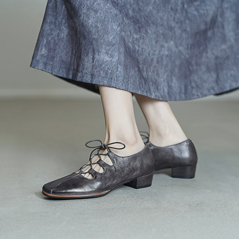 Elegant Washed Horse Leather Mary Jane Shoes with Cross-Strap Design Pink/Grey/Blue