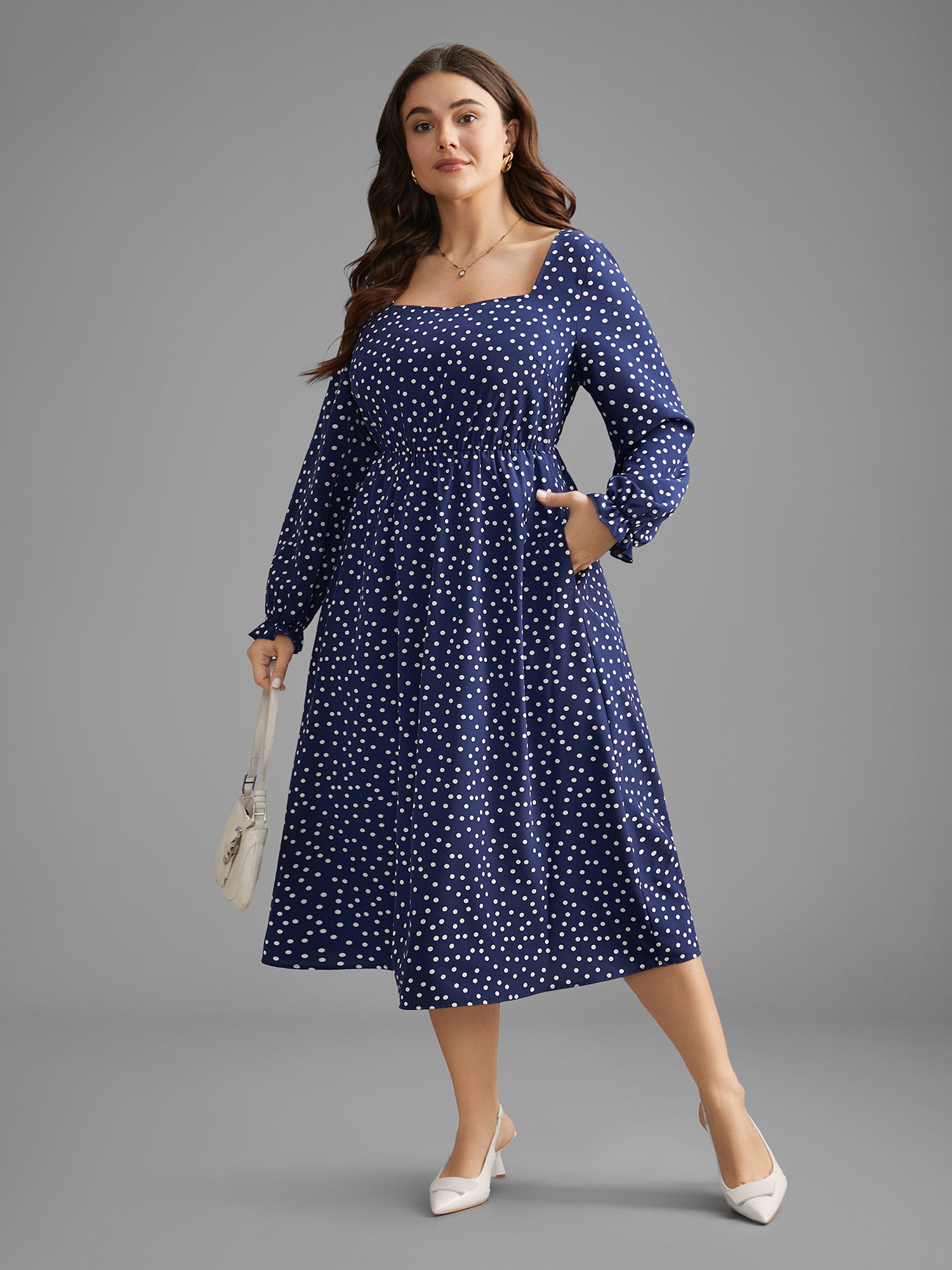 Polka Dot Heart Neckline Midi Dress