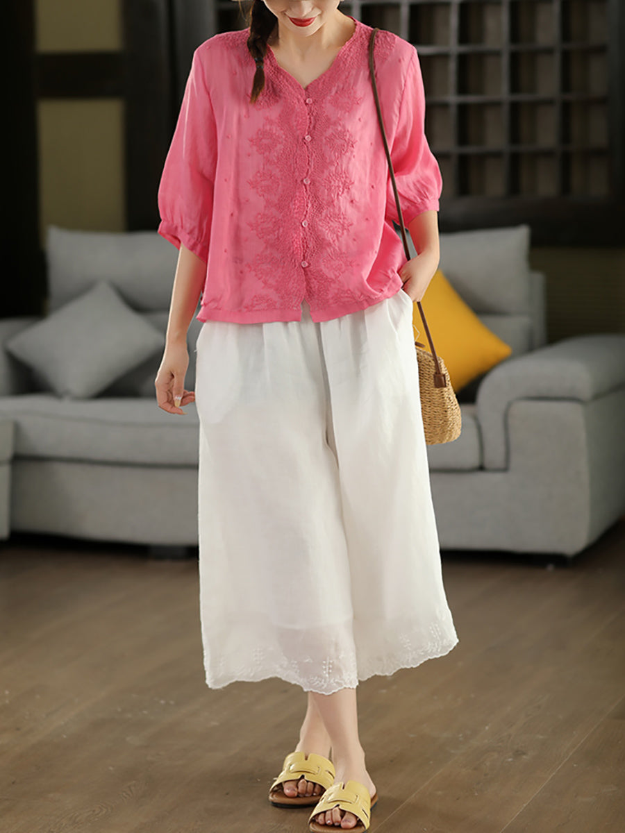 Women Summer Vintage Embroidery V-neck 100%Raime Shirt