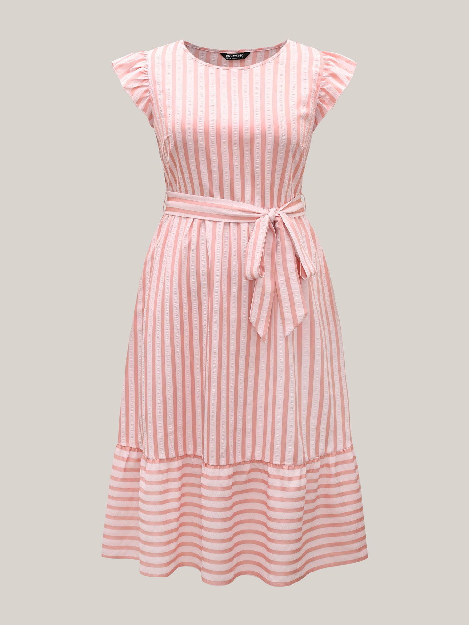 Pastel Stripes Belted Pockets Midi Dress