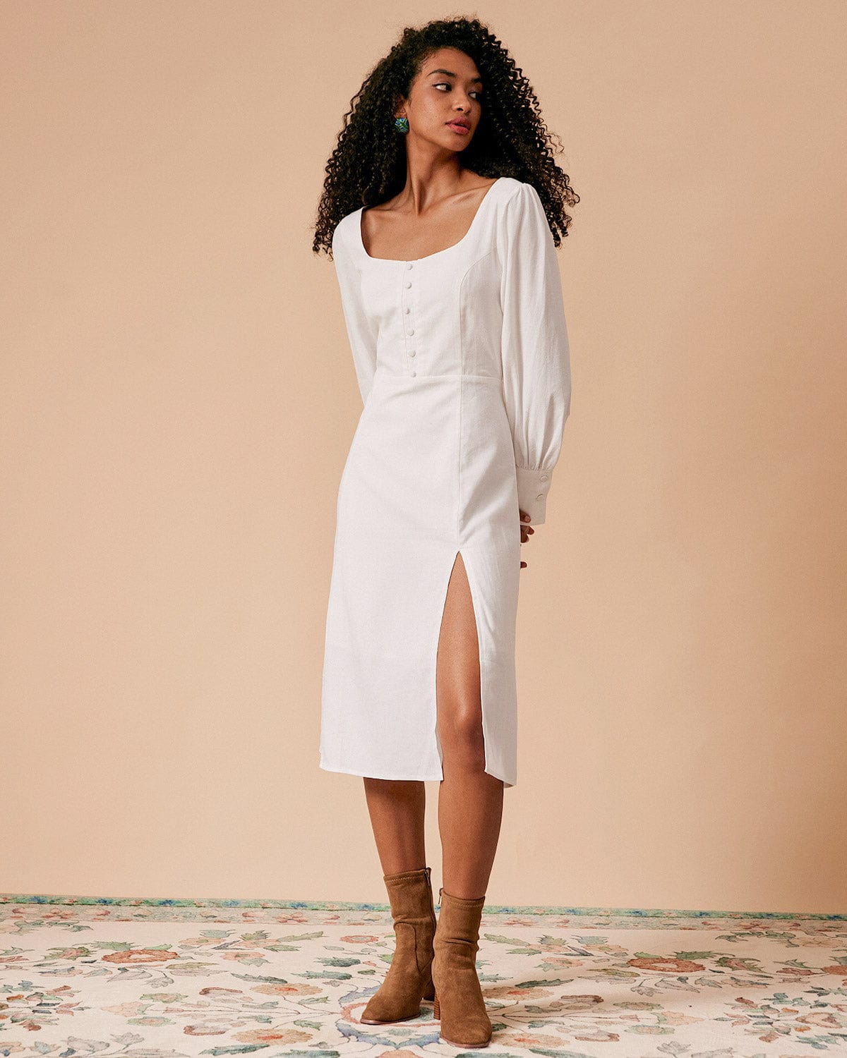 The White Solid Slit Long Sleeve Midi Dress