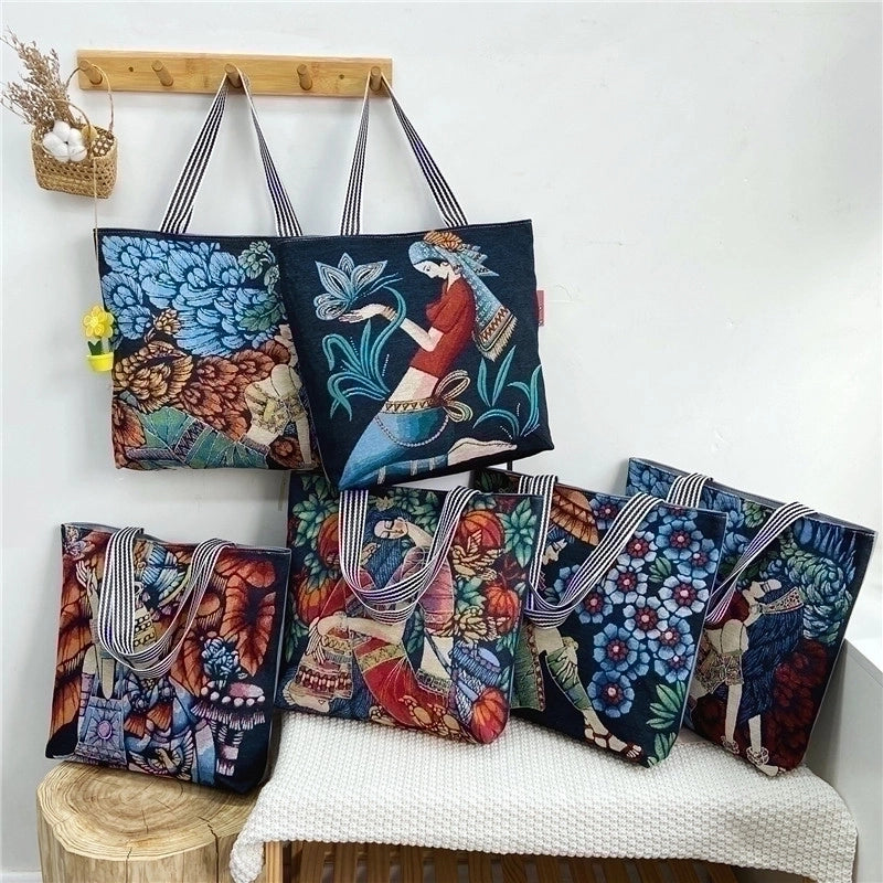 Unisex Vintage Style Portrait Plant Canvas Shopping Bags