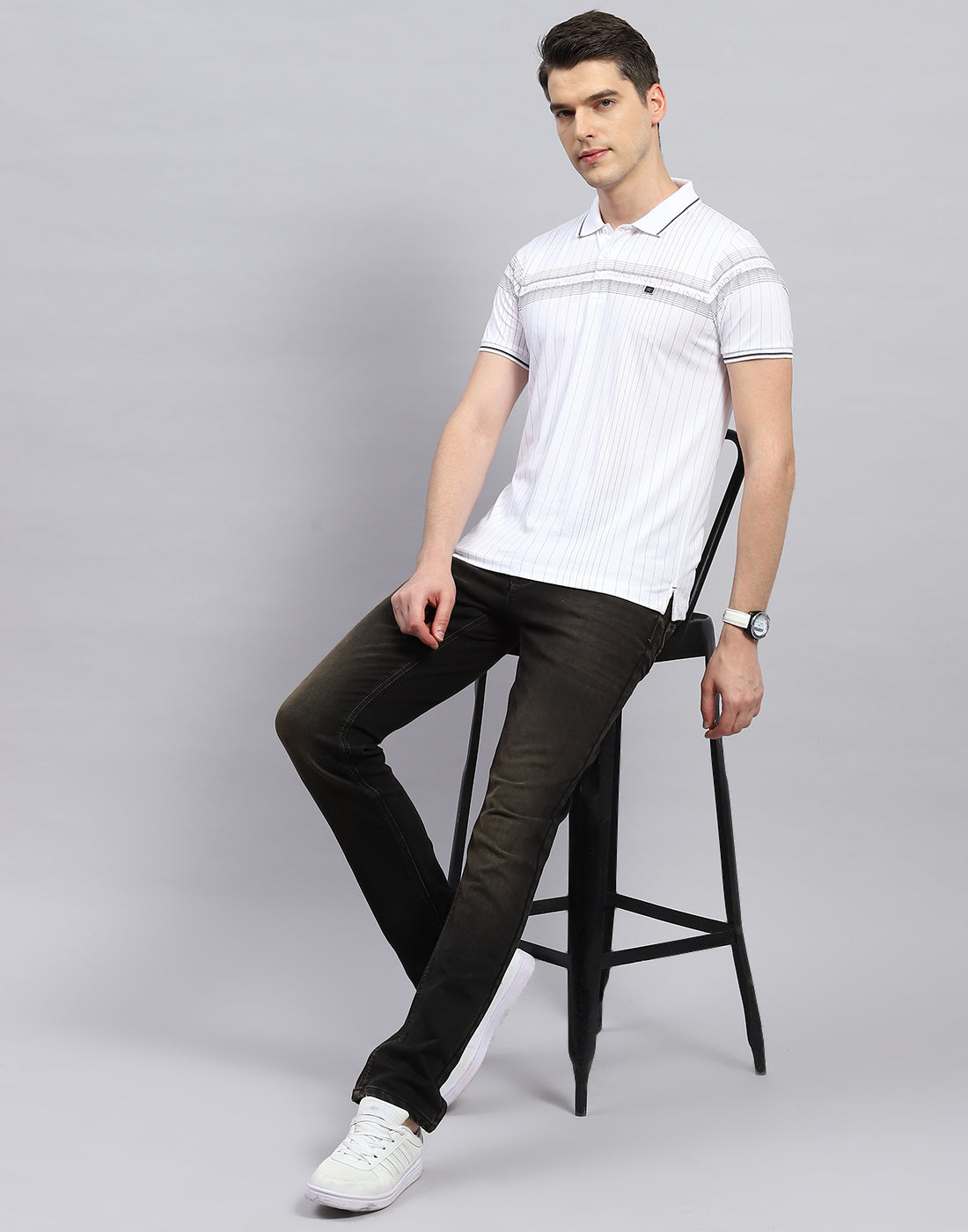 Men White Printed Polo Collar Half Sleeve T-Shirt