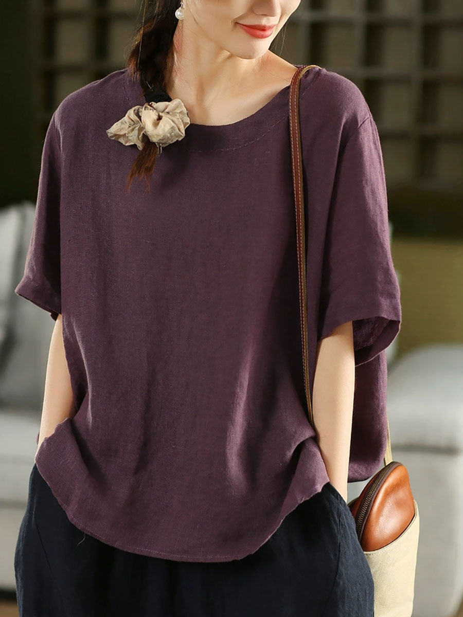 Women Summer Retro Pure Color O-Neck 100%Linen Shirt