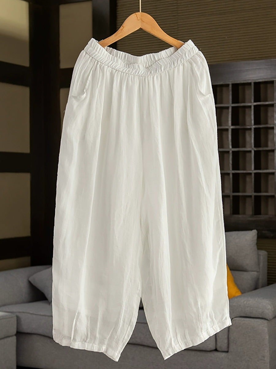 Women Summer Retro Pure Color 100%Ramie Bloomers