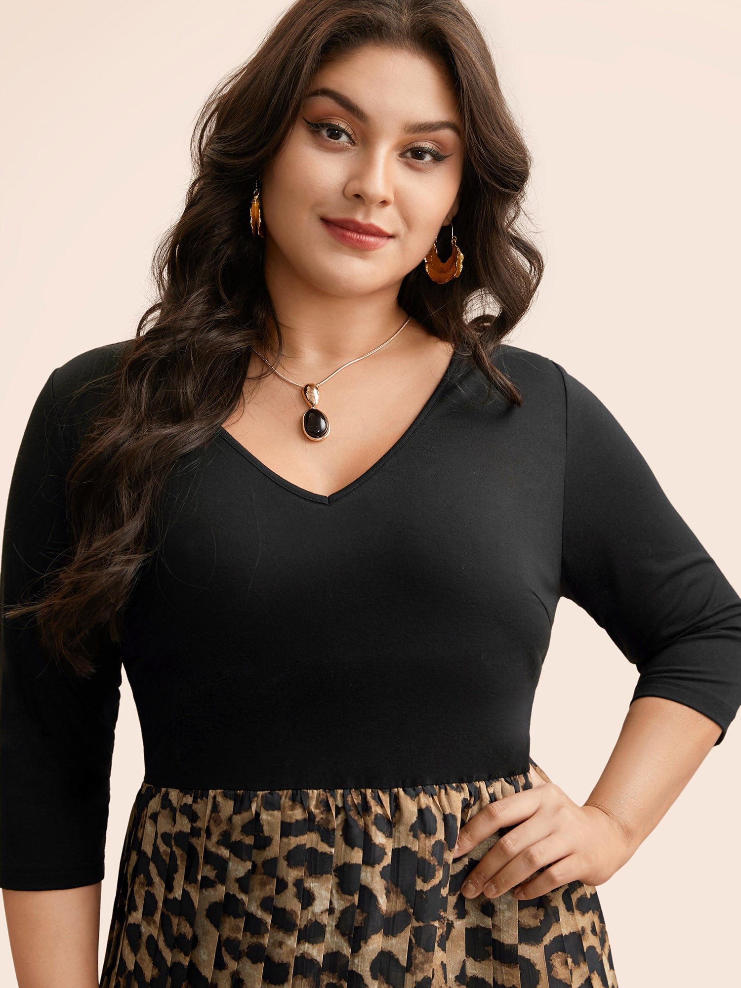 V Neck Leopard Print Patchwork Dress