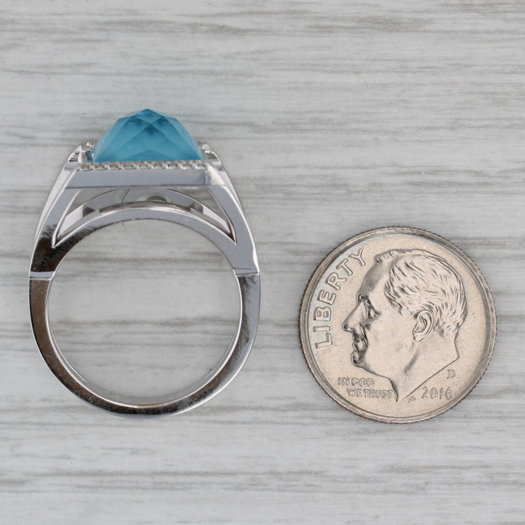 Blue Topaz Mother of Pearl Diamond Ring 18k White Gold Size 6.5