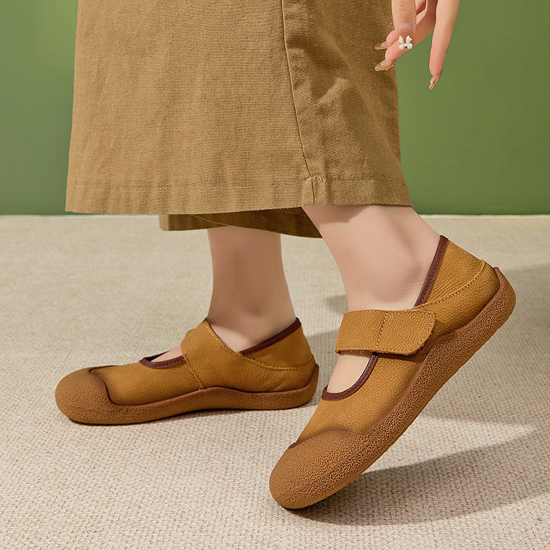 Soft Leather Mary Jane Shoes Rubber-toe Casual Flats with Velcro Strap in Yellow Brown