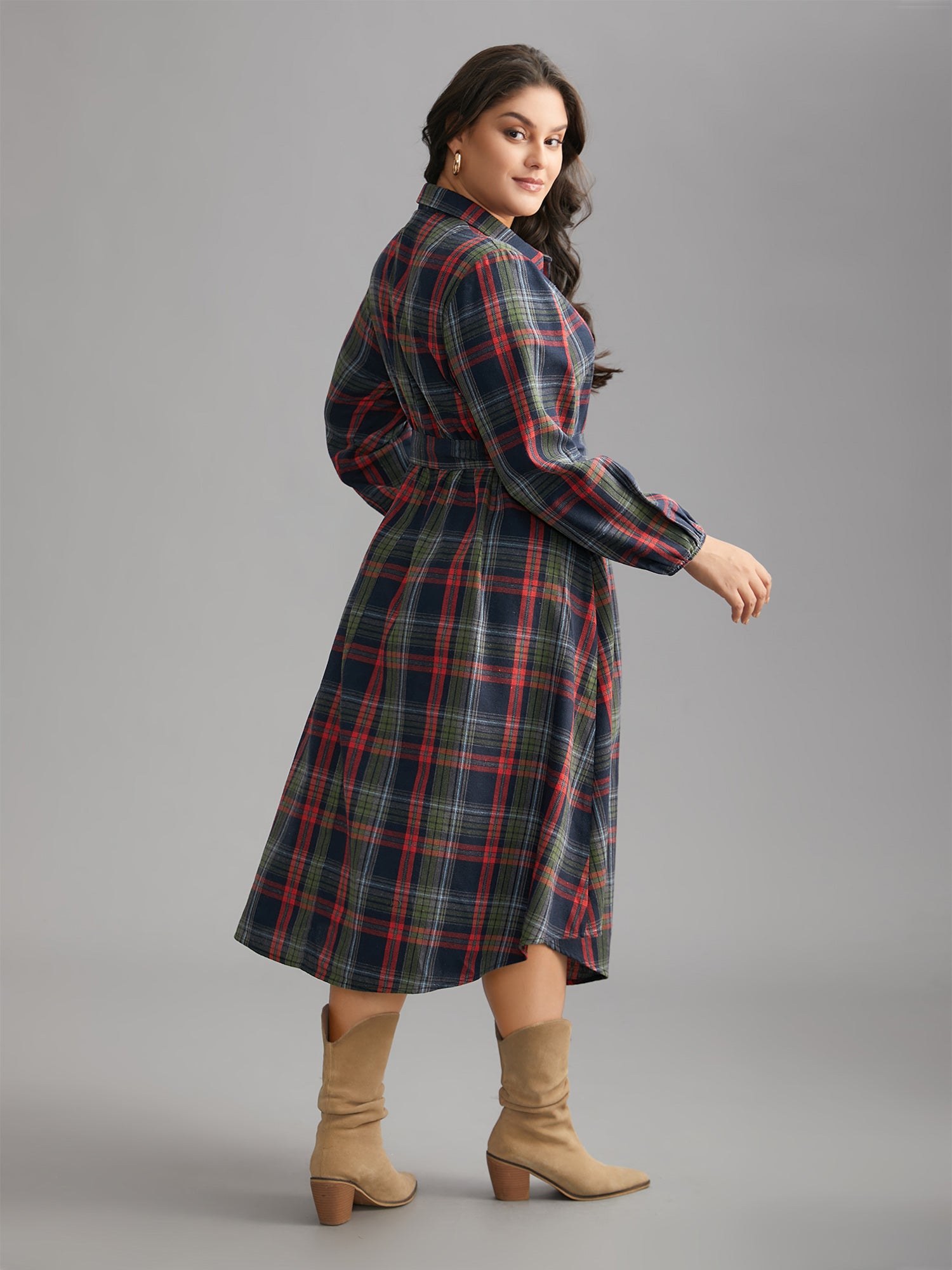 Plaid Button Detail Pocket Belted Arc Hem Dress