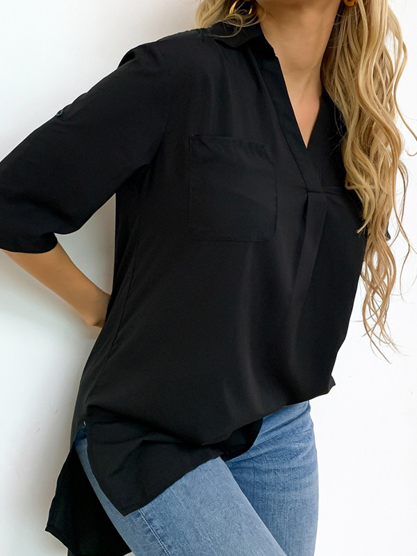 Half Sleeves Loose Pleated Solid Color Split-Joint Split-Side Lapel Blouses&Shirts Tops