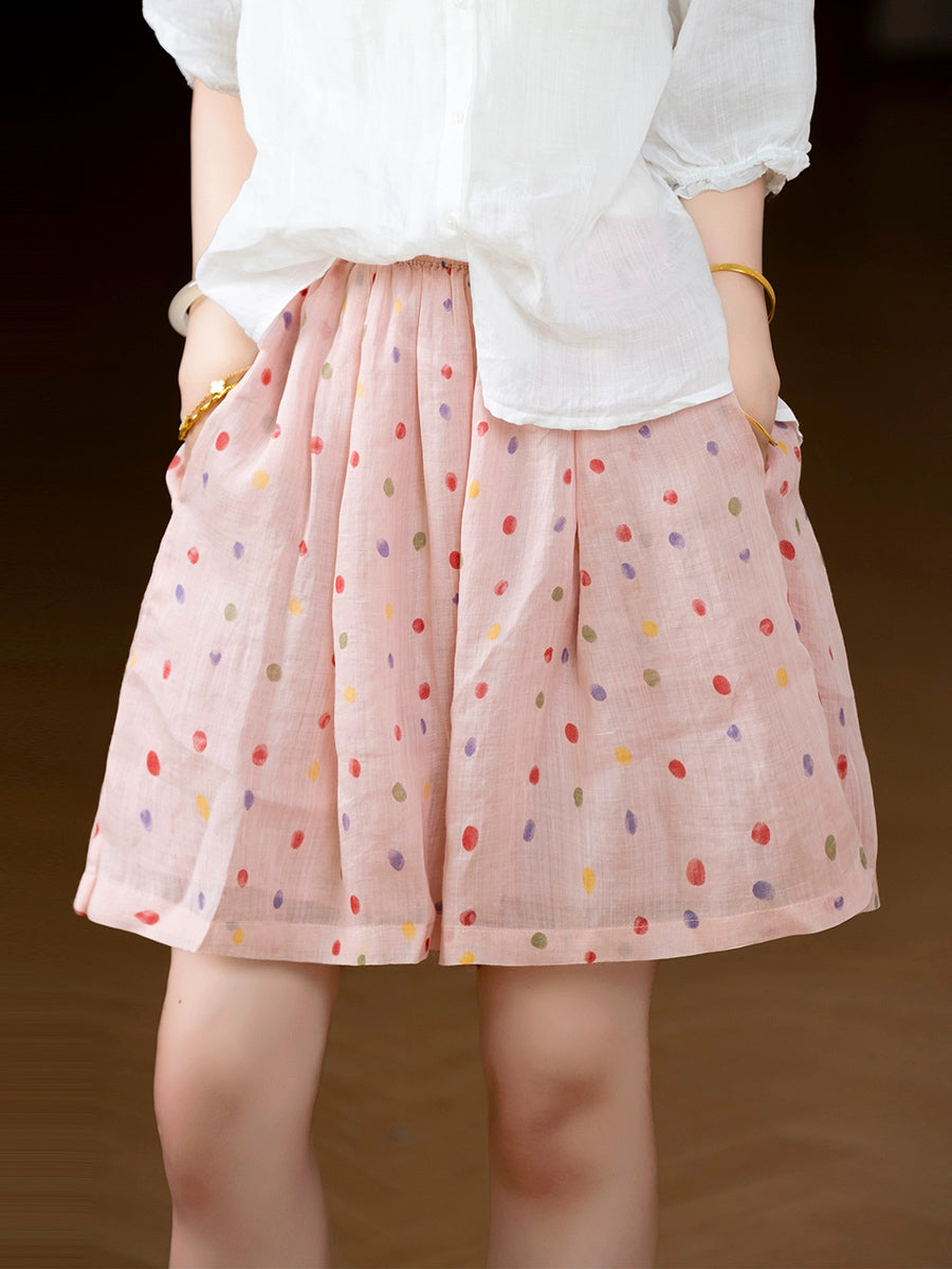Women Summer Artsy Dot 100%Ramie Wide-leg Shorts
