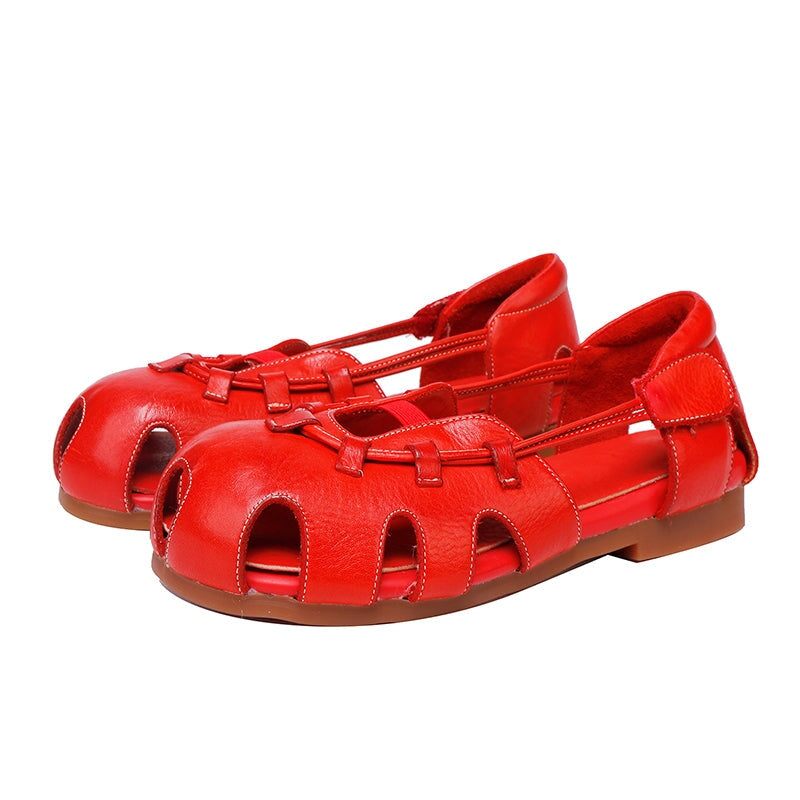 Breathable Fashion Design Round Toe Hollow-Out Leather Sandals with Velcro Strap in Red/Black