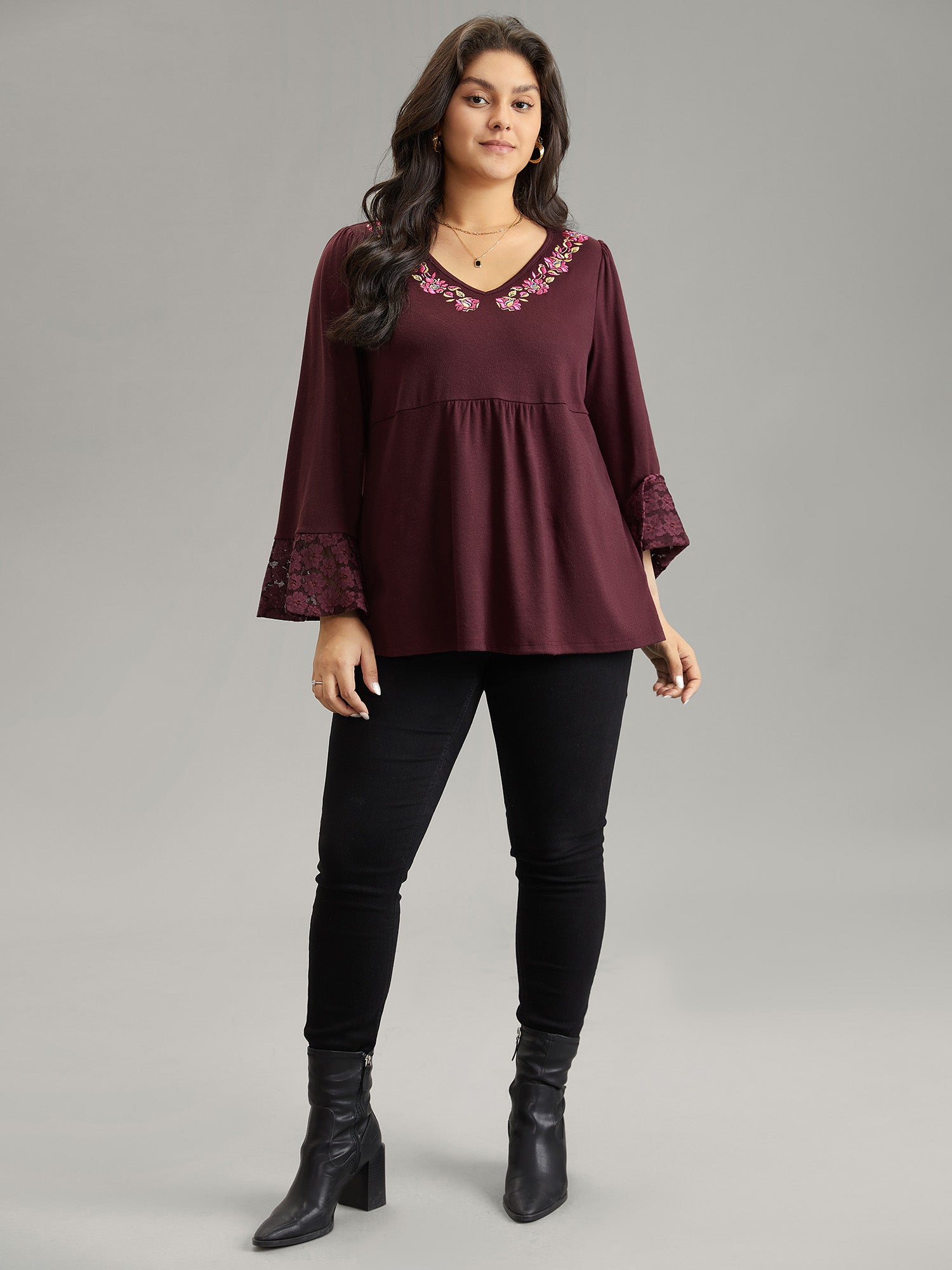 Floral Embroidered Lace Panel Bell Sleeve T-shirt