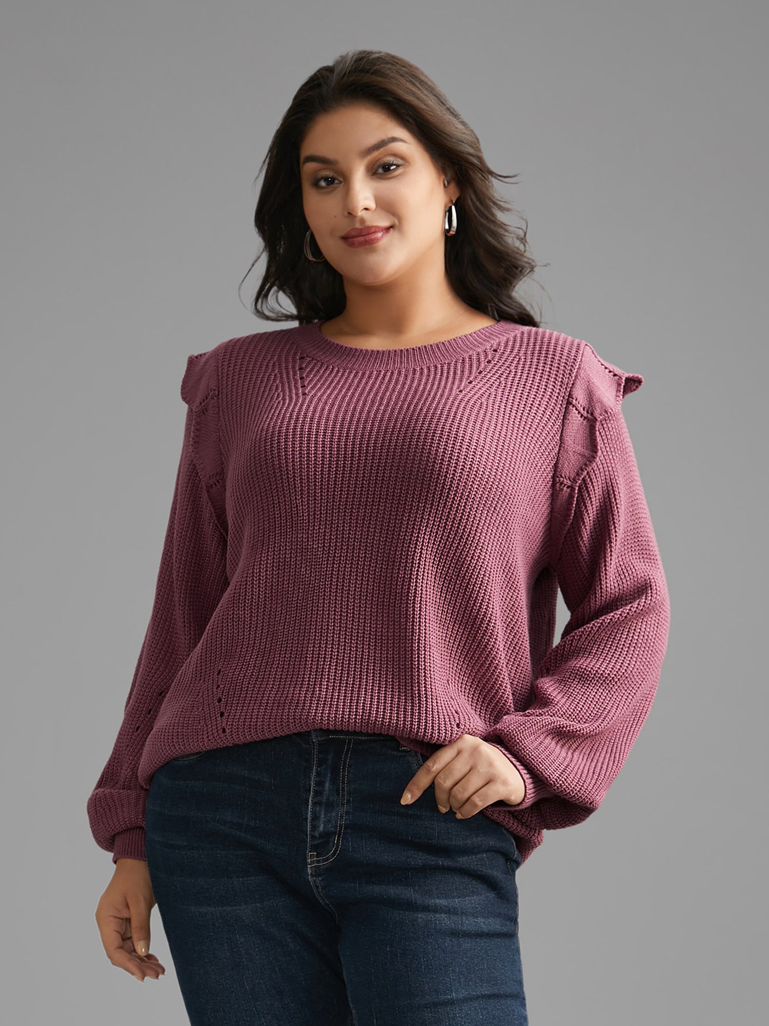 Plain Texture Trim Lantern Sleeve Pullover