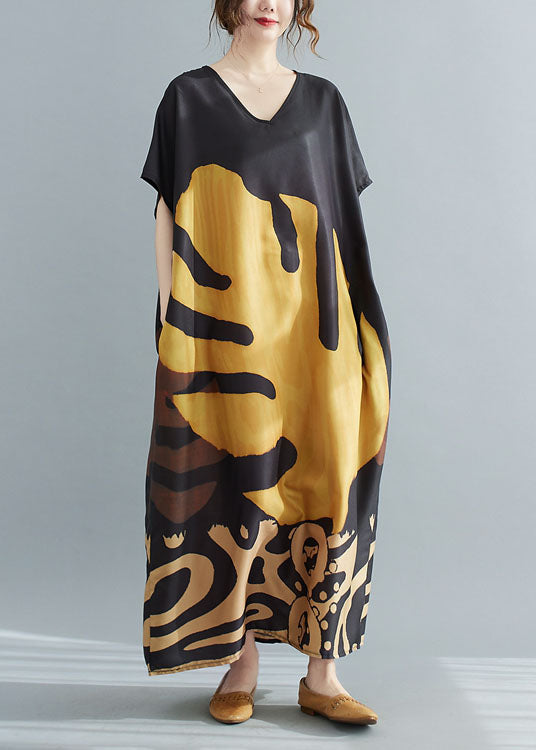 Loose Black V Neck Oversized Leaf Print Chiffon Long Dress Short Sleeve