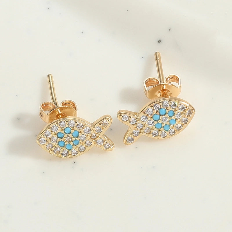 1 Pair Elegant Minimalist Commute Devil's Eye Enamel Inlay Copper Zircon 14K Gold Plated Ear Studs