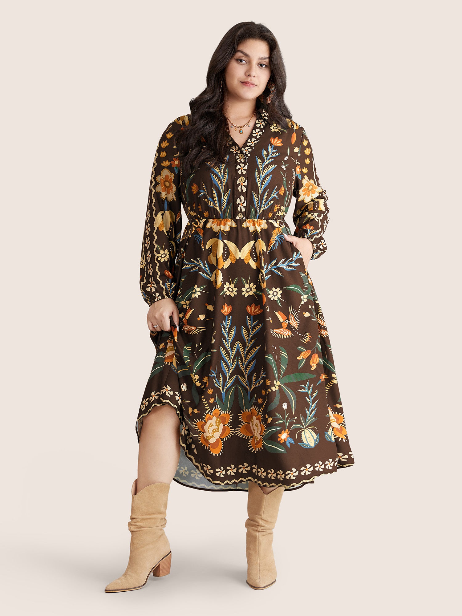 Bandana Print Pocket Lapel Collar Elastic Cuffs Dress