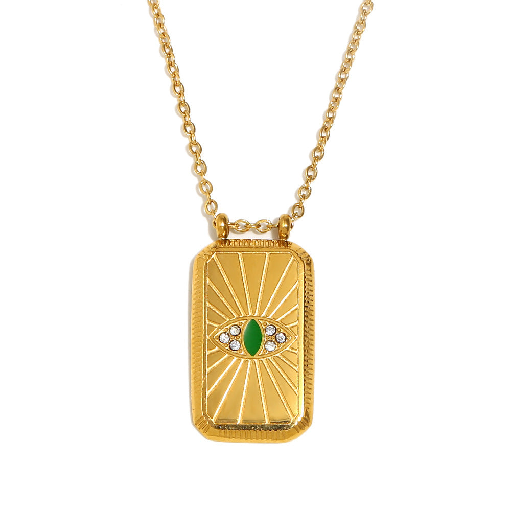 Ins Fashion Niche Geometric Square Retro Pendant Stainless Steel Plated 18K Gold Drop Oil Tarot Necklace Female