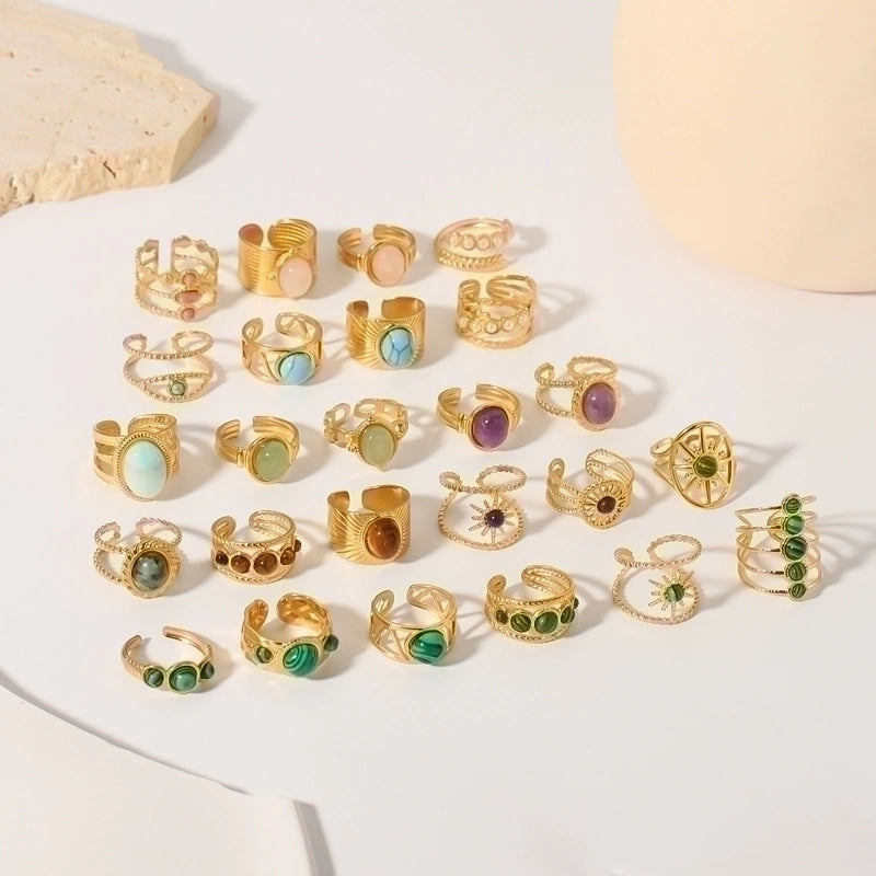 Stainless Steel 18K Gold Plated Basic Vintage Style Plating Inlay Round Natural Stone Open Rings