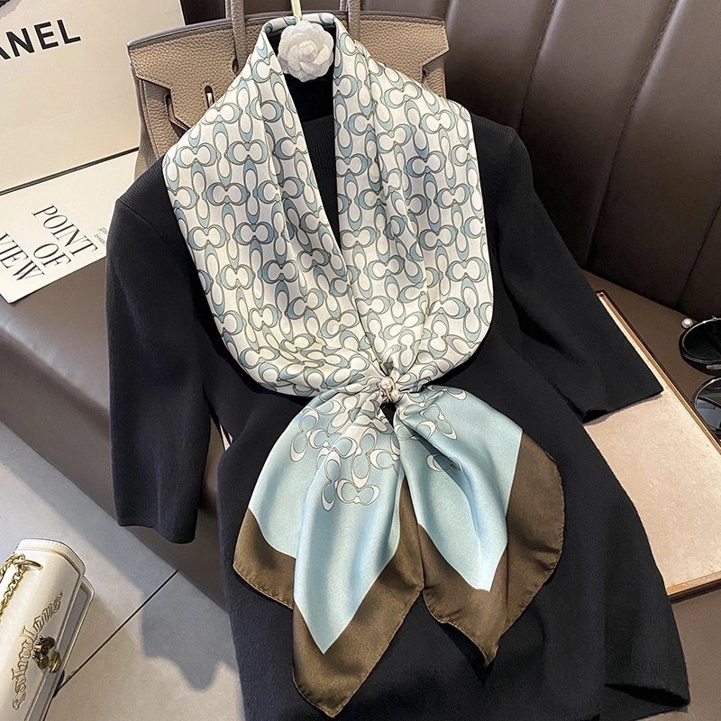 Fashion Light Luxury 90cm Simulation Silk Scarf Simple Striped Large Square Scarf