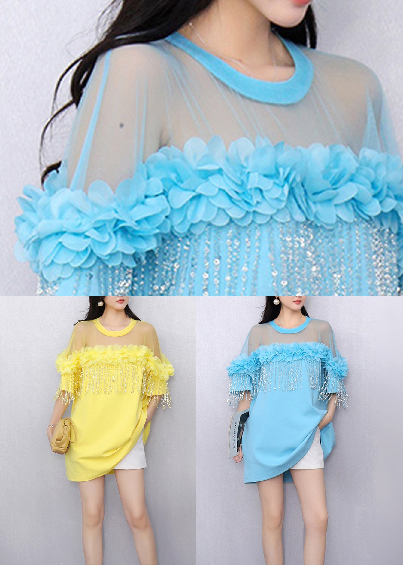 Yellow Tasseled Tulle Patchwork T Shirt Ruffled Half Sleeve