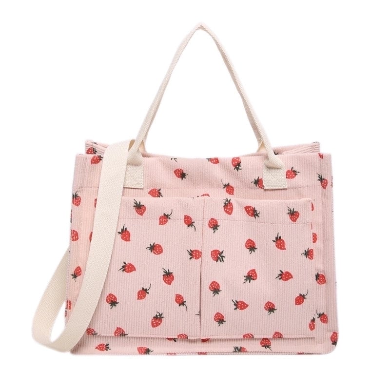 Women's Large Corduroy Solid Color Strawberry Basic Classic Style Square Zipper Tote Bag