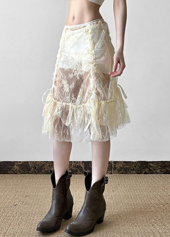 Art Beige Cinched High Waist Lace Skirts Summer