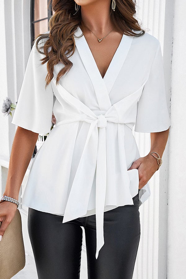 V Neck Solid Color Tie Waist Casual Tops