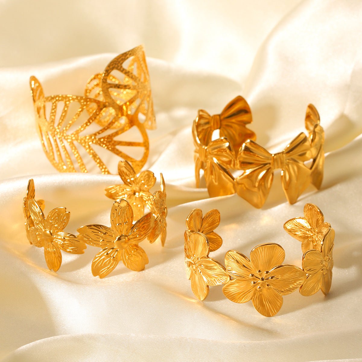 18K Gold Stainless Steel Hollow Texture Leaf Flower Bow Open Bracelet Jewelry