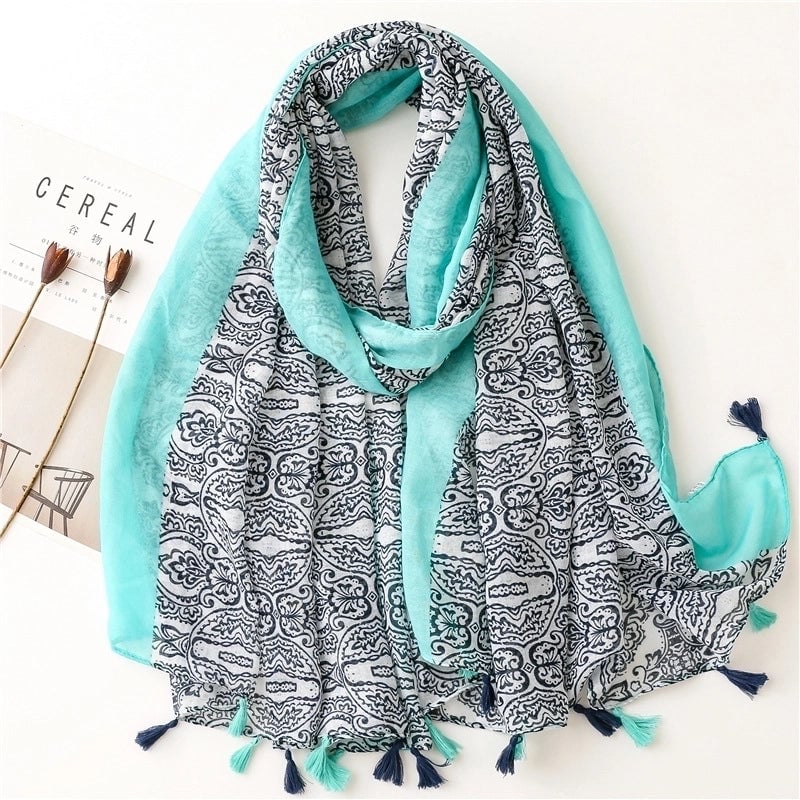 Yarn Cotton Fruit Green Bright Yellow Leaf Printing Tassel Scarf Shawl
