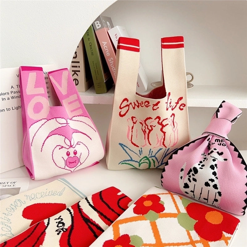 Women's Small Knit Animal Heart Shape Flower Cute Open Shopping Bags