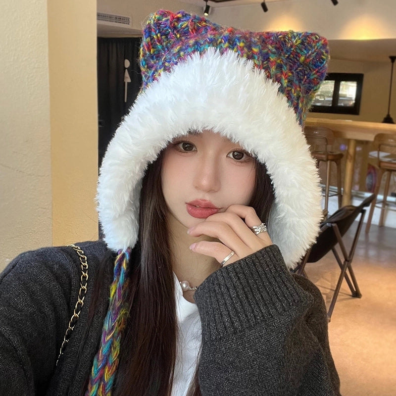 Qiyu Hat Bear Hat Autumn And Winter Wool Knitted Cat Ear Hat Versatile Cute Face-looking Small Warm Fashion Hat