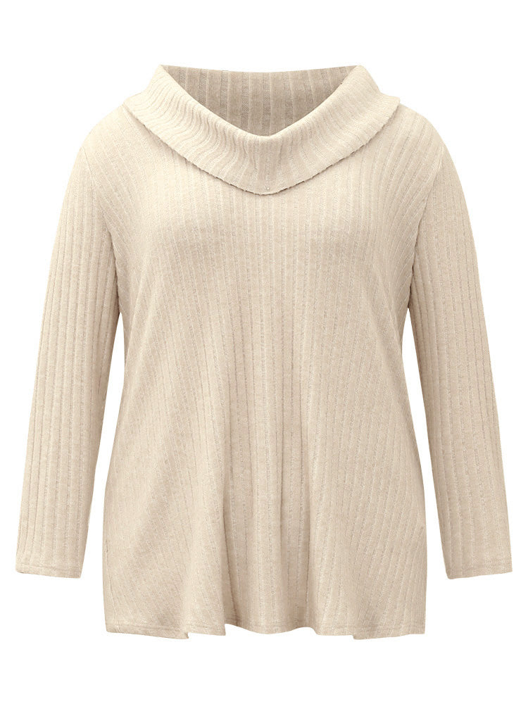 Plain Rib Knit Cowl Neck T-shirt