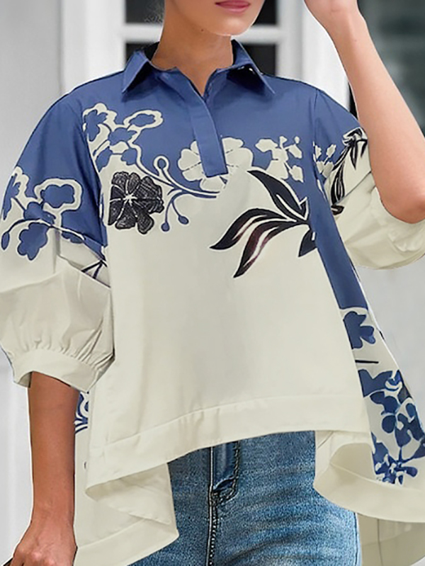 Half Sleeves High-Low Buttoned Flower Print Pleated Lapel Blouses&Shirts Tops