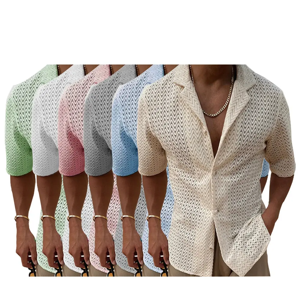 6-Pack Men's summer hollowed-out sweater solid color lapel short sleeve knit shirt