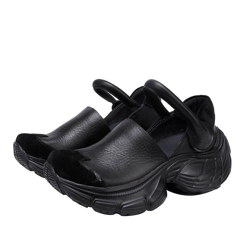Chunky Platform Cow Leather Mary Jane Shoes with Adjustable Velcro Strap in Black/Light Brown