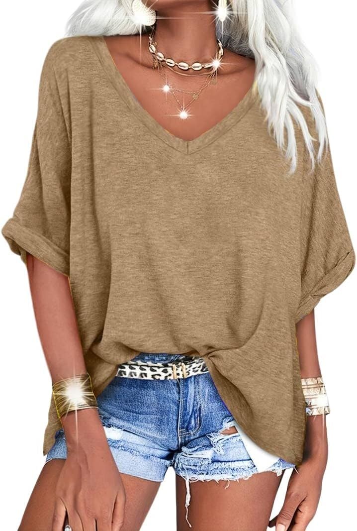 🔥PROMOTION LAST DAY🔥Women's Summer Tops Oversized Tshirts Half Sleeve Loose Fit V Neck Casual Blouse Tee