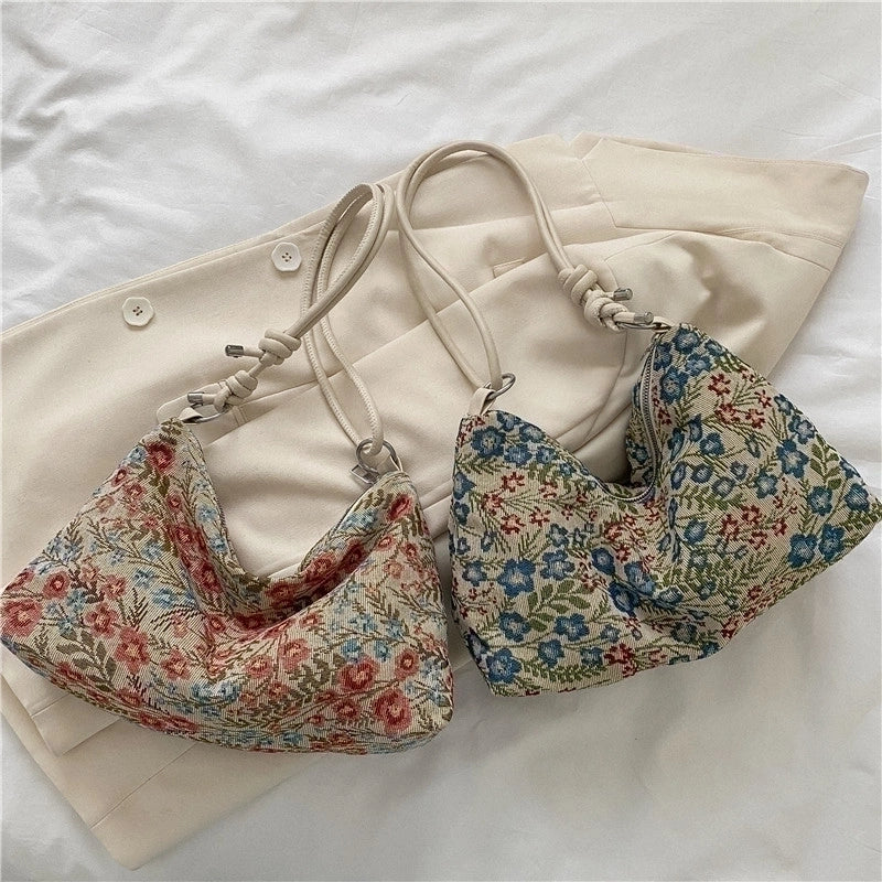 Women's Small Nylon Flower Ethnic Style Zipper Underarm Bag