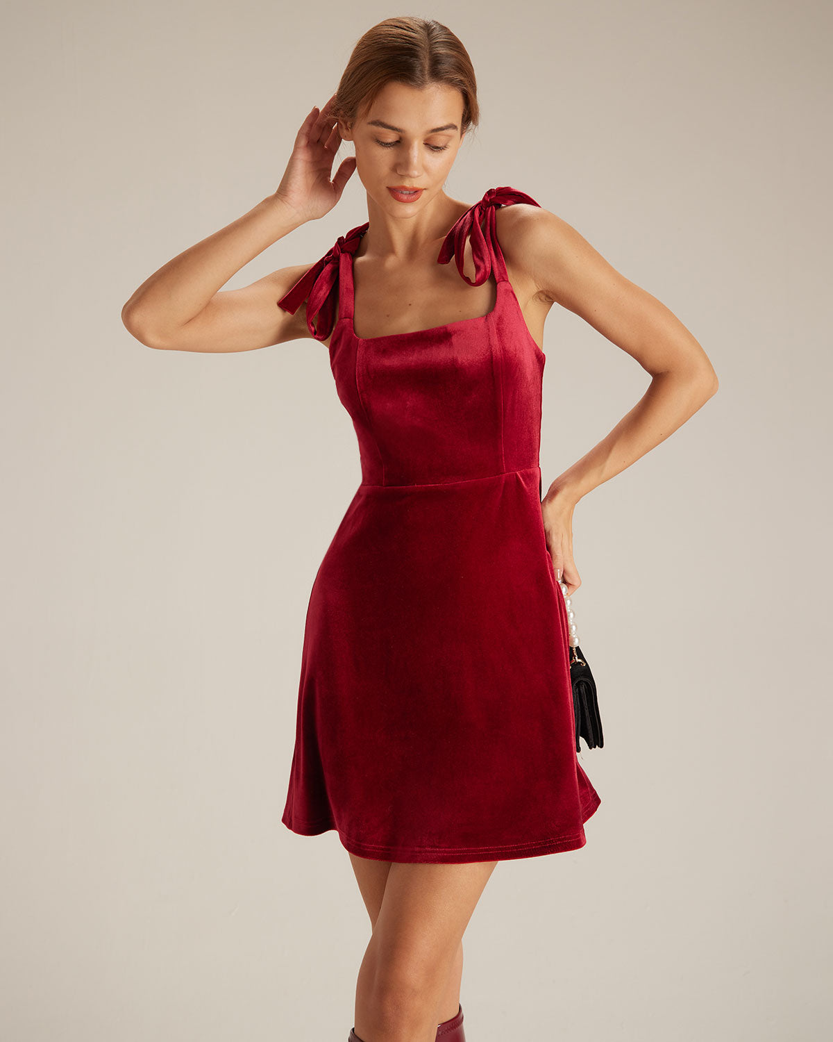 The Red Tie Shoulder Velvet A-Line Mini Dress