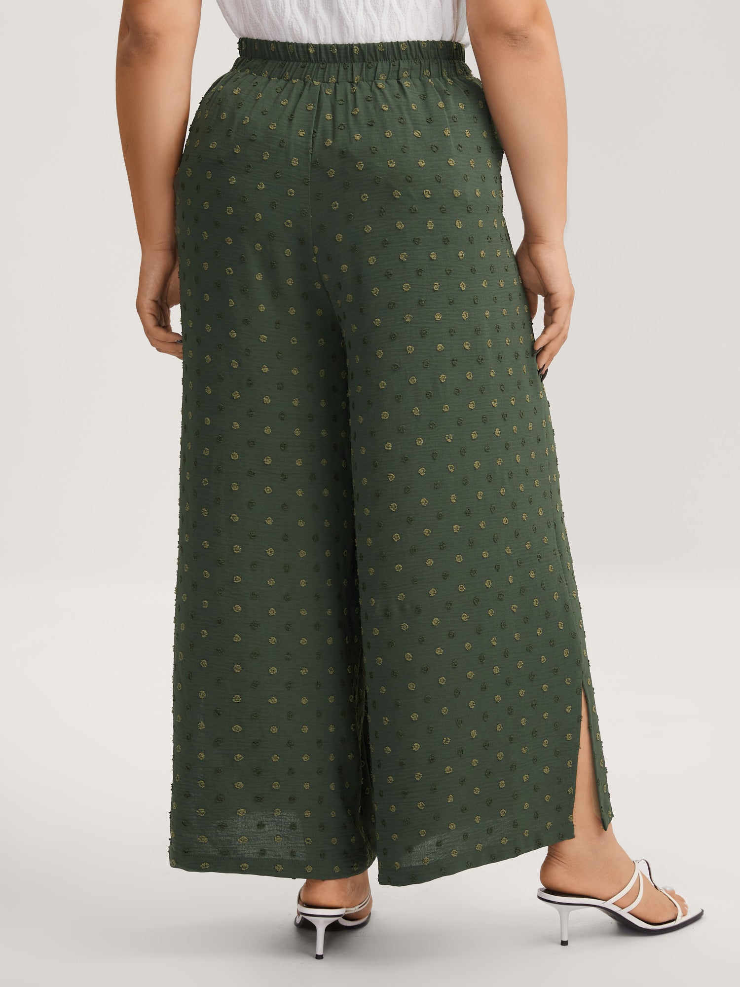 Textured Dots Belted Slit Flowy Pants