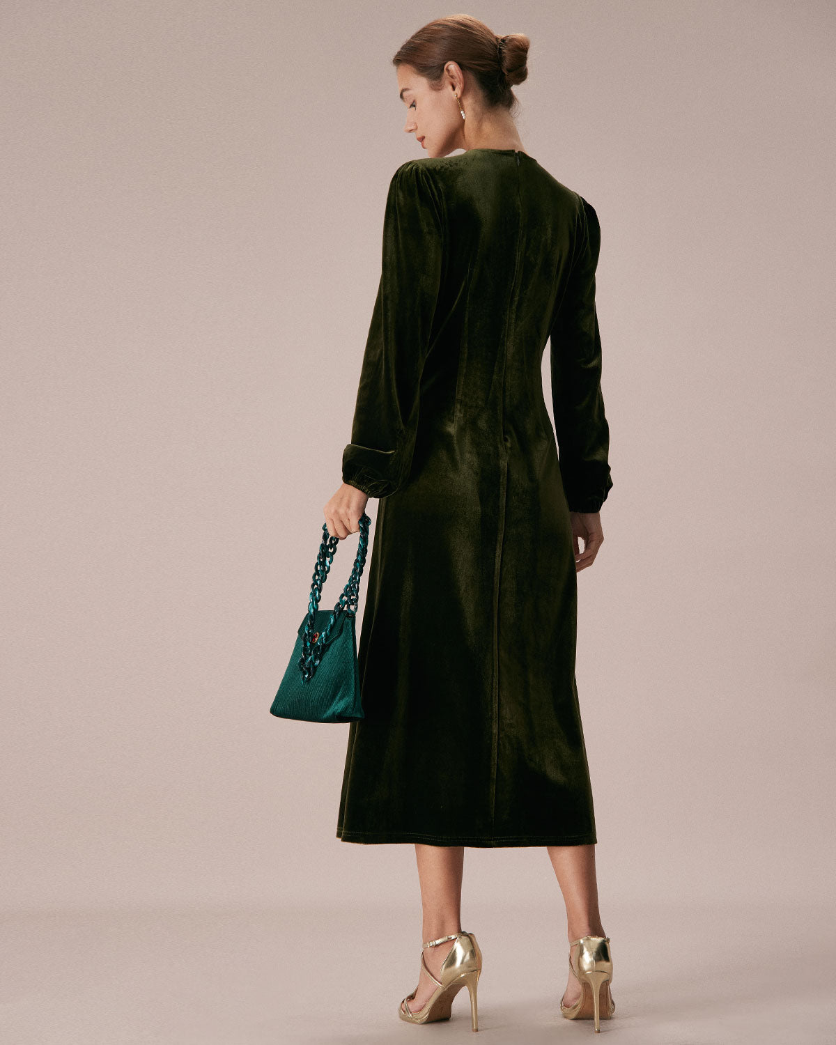 The Green V Neck Button Velvet Midi Dress