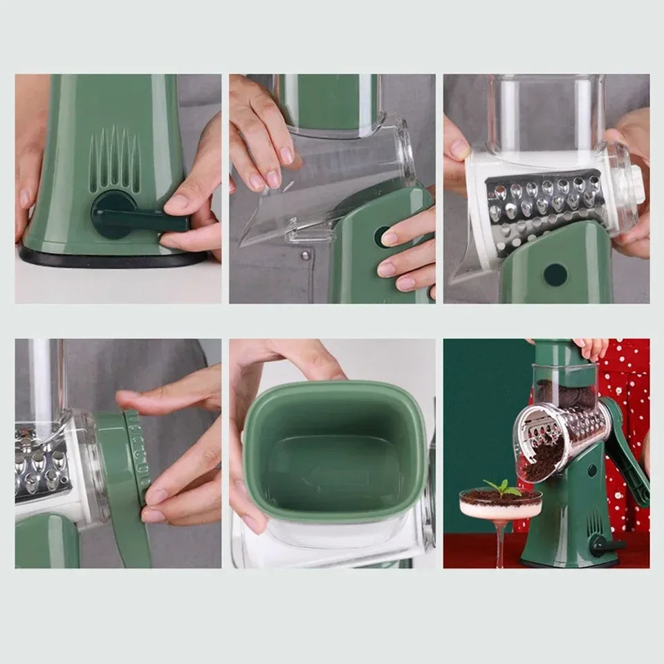 Manual Drum Grater With 10 Removable Blades.