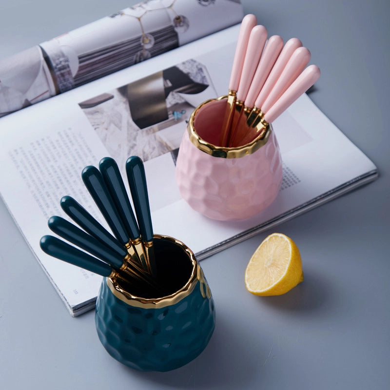 Simple Light Luxury Fruit Fork Spoon Ceramic Storage Cans Set Creative Fruit Sticks Household Stainless Steel Knife Fork Spoon
