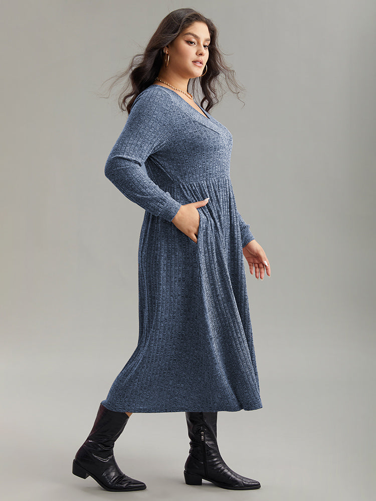 Rib Knit Plain Plisse Long Sleeve Dress