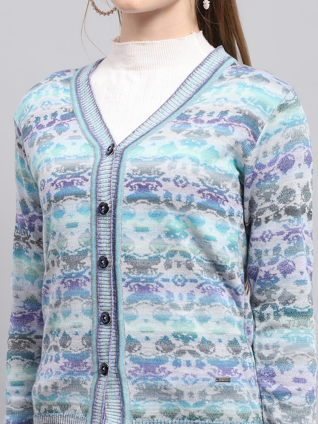 Women Blue Self Design V Neck Full Sleeve Cardigan