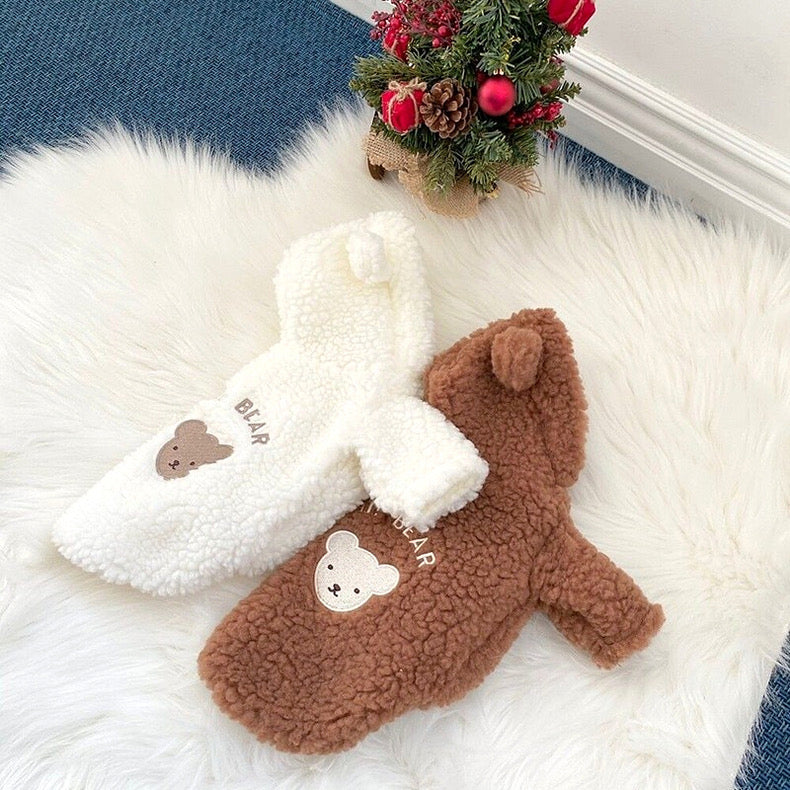 Fleece Bear Printed Dog Cat Hooded Coat