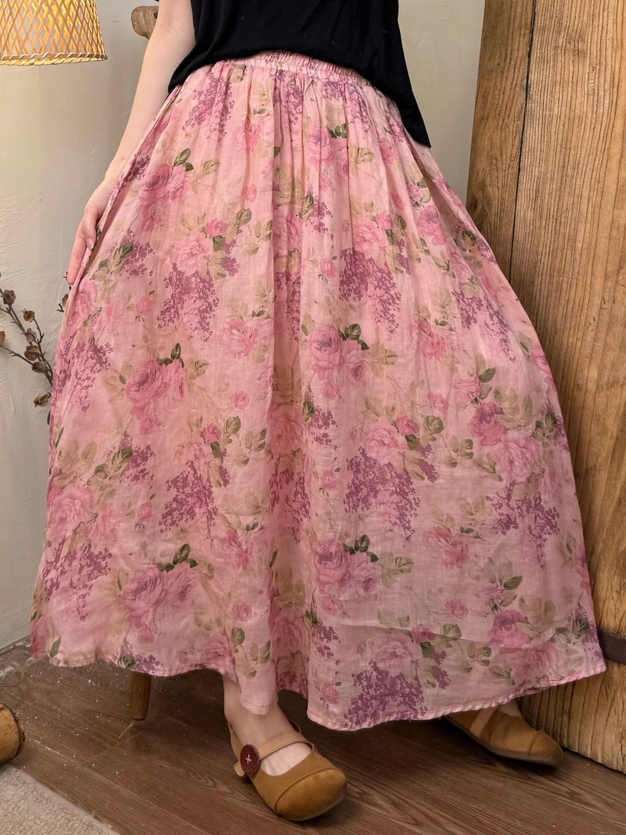 Women Summer Vintage Stripe Dot Ramie Skirt