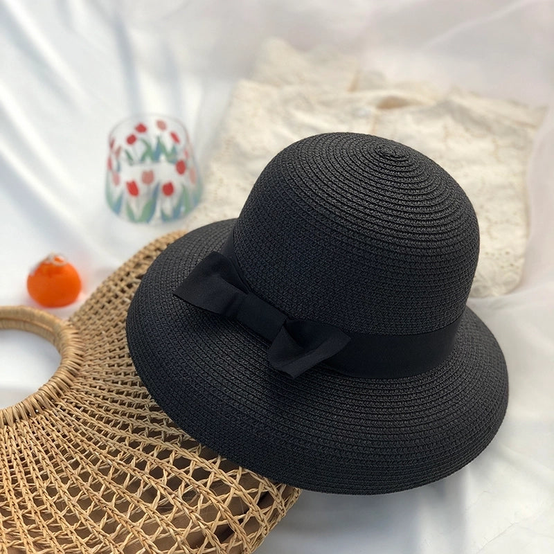 Women's Pastoral Solid Color Bowknot Wide Eaves Straw Hat