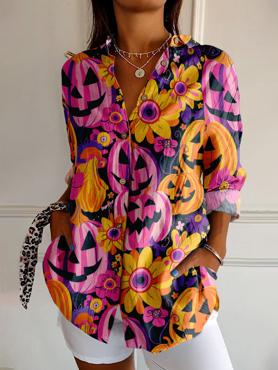 Halloween retro printed casual long sleeved shirt